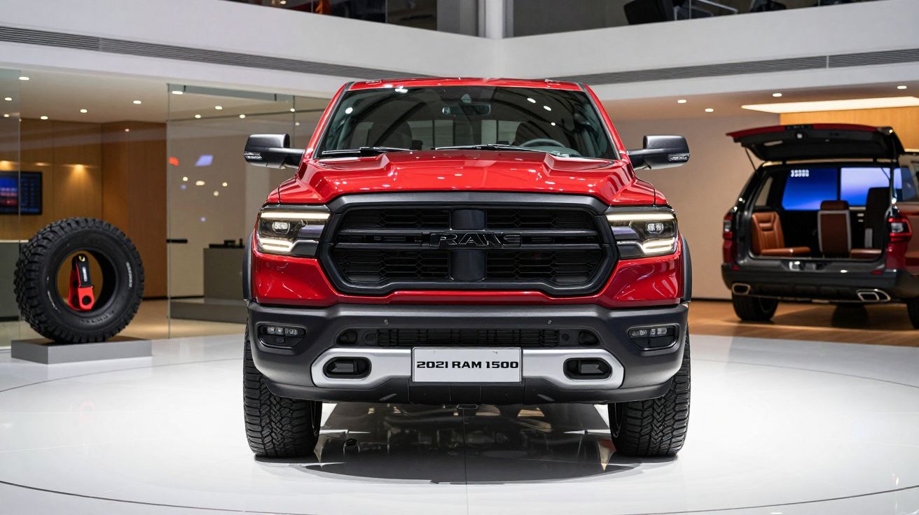 Red 2021 RAM 1500 truck displayed at an auto show, front view with a spare tire and another car in the background.