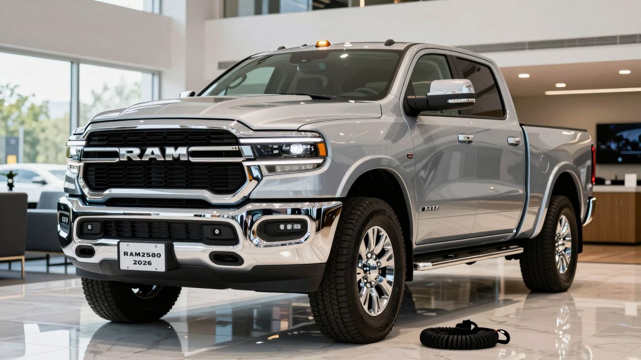 Silver RAM 2500 truck displayed in a showroom, front view, featuring a bold grille and modern design elements.