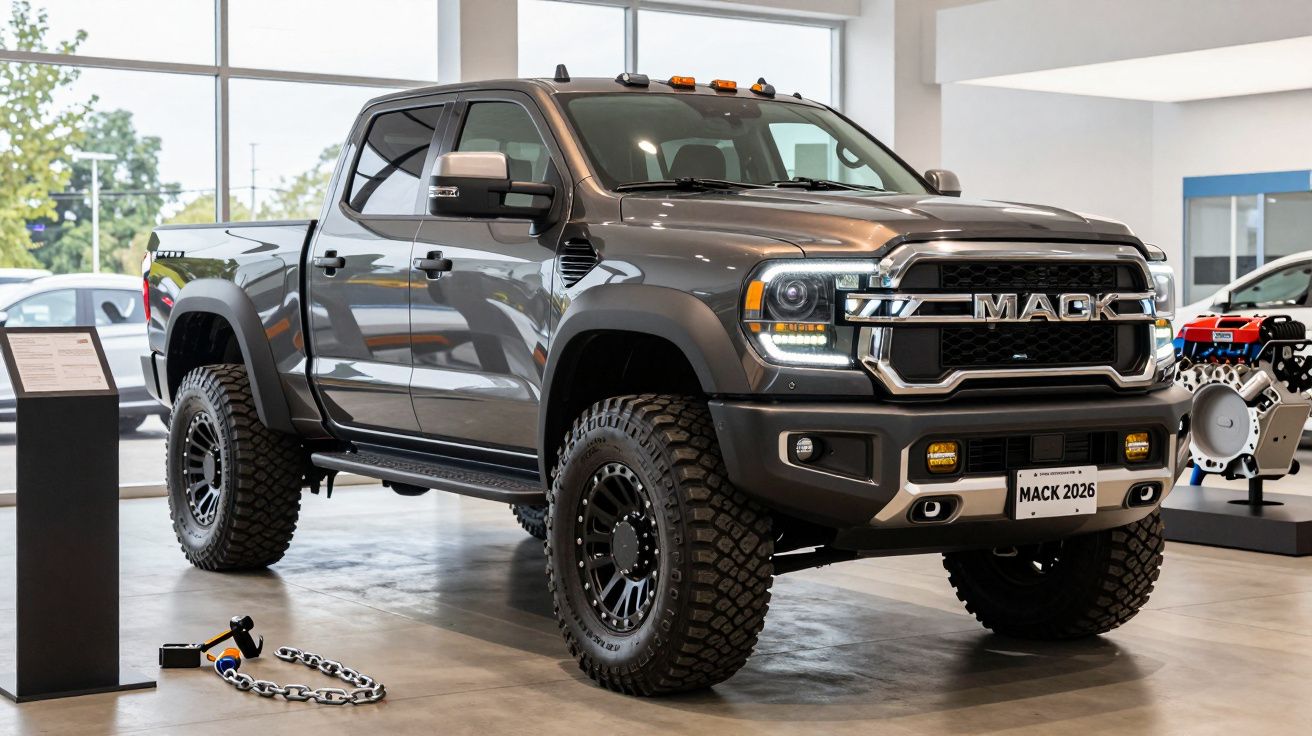 Gray pickup truck displayed in a showroom with large tires and "MACK" branding on the front grille.