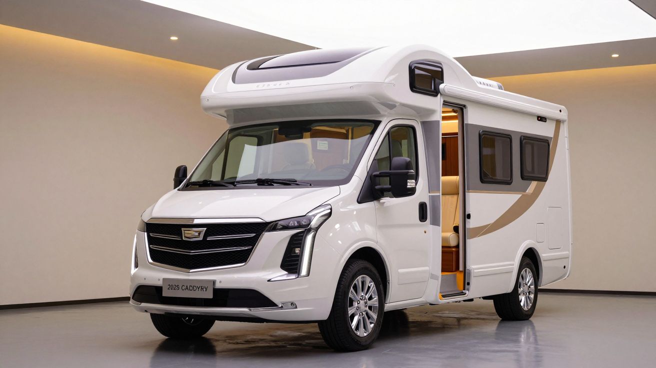 White modern motorhome with front grille and side door open, parked indoors under soft lighting.