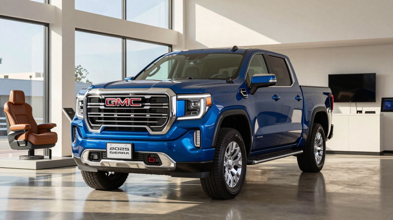 Blue 2025 GMC Sierra pickup truck in a modern showroom with large windows.