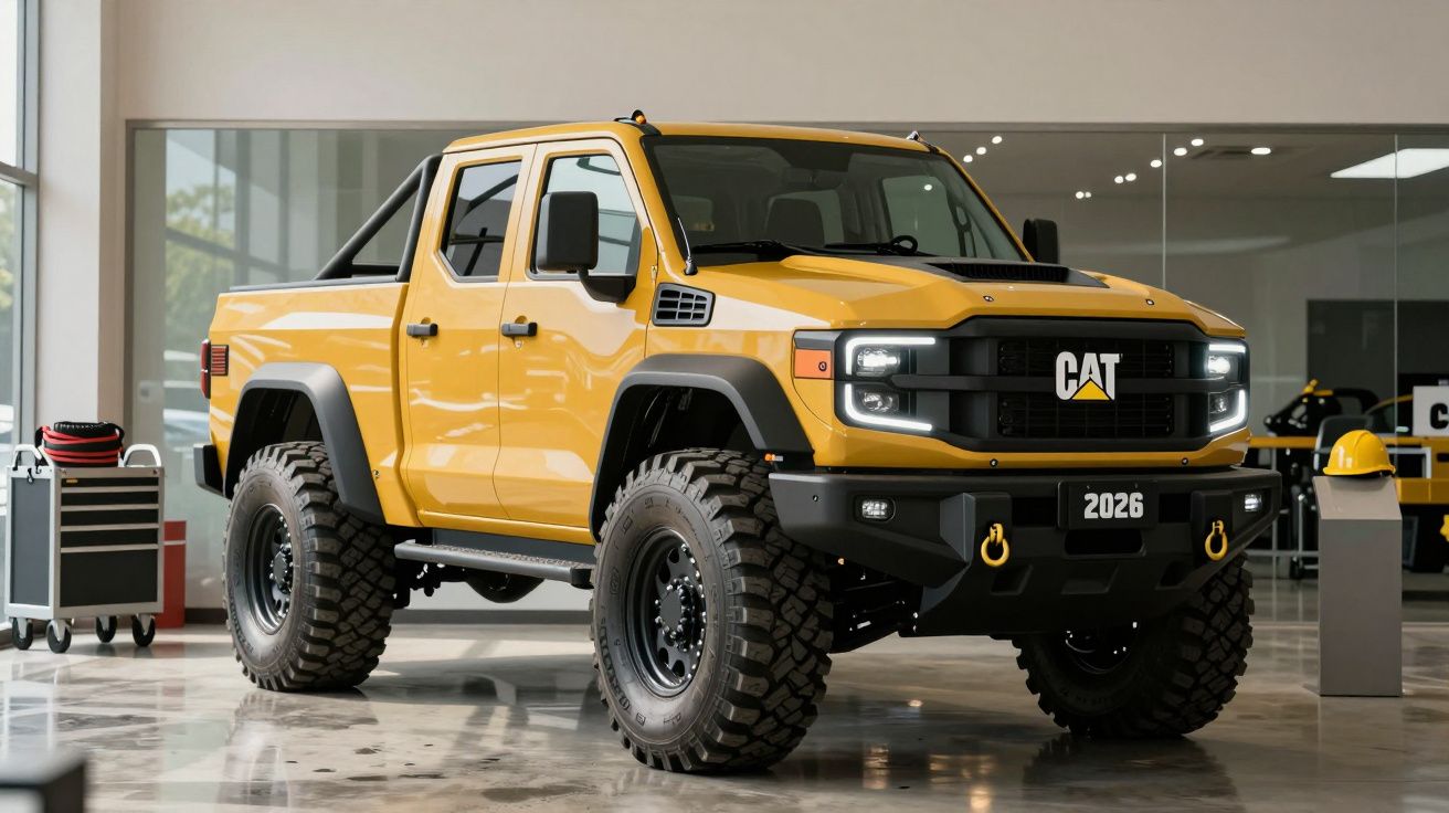 Yellow CAT pickup truck in a showroom, featuring large tires, black accents, and a 2026 license plate.
