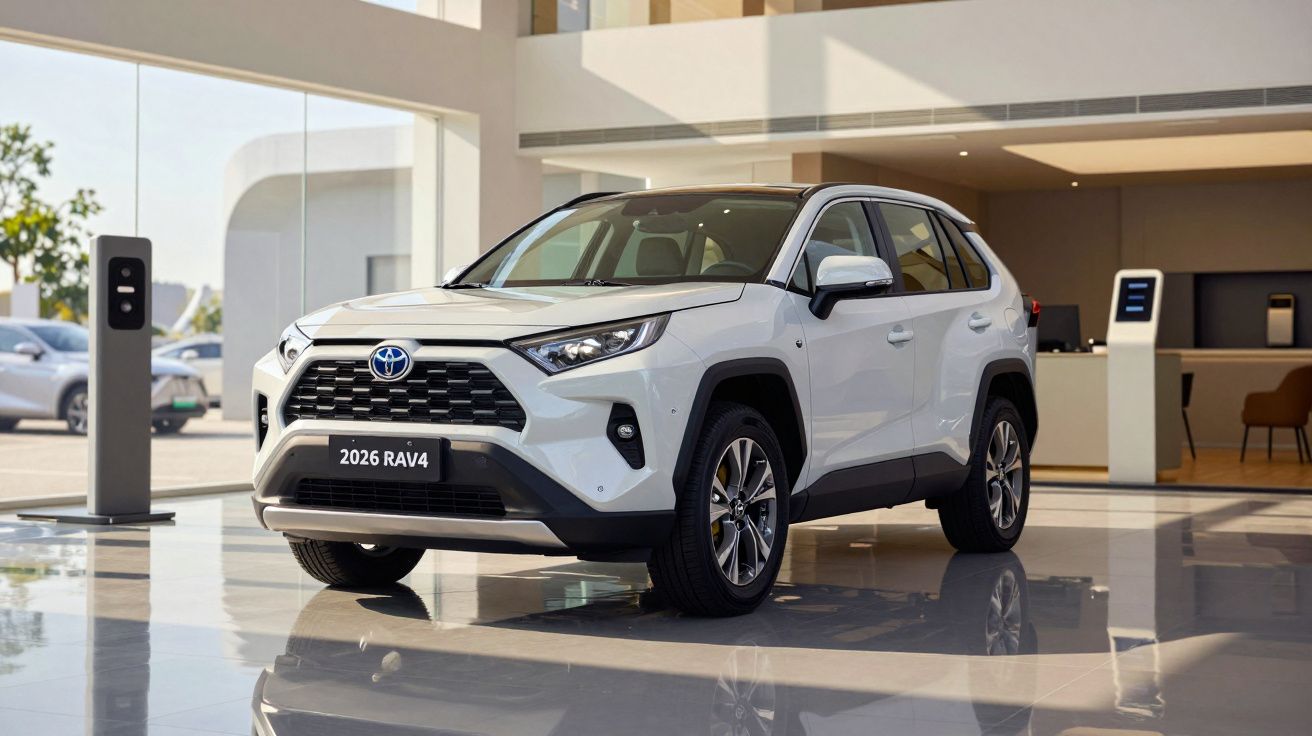 White 2026 Toyota RAV4 parked in a sunlit showroom.