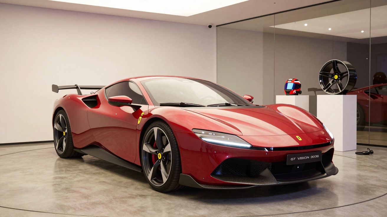 Red sports car on display in showroom with racing wheel and helmet in the background.