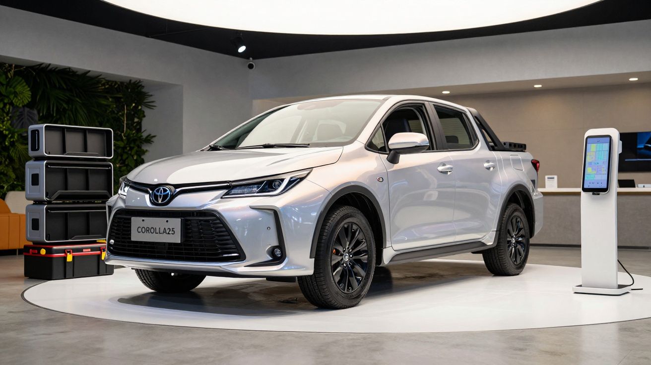 Silver Toyota Corolla A25 displayed on a circular white platform in a modern showroom.