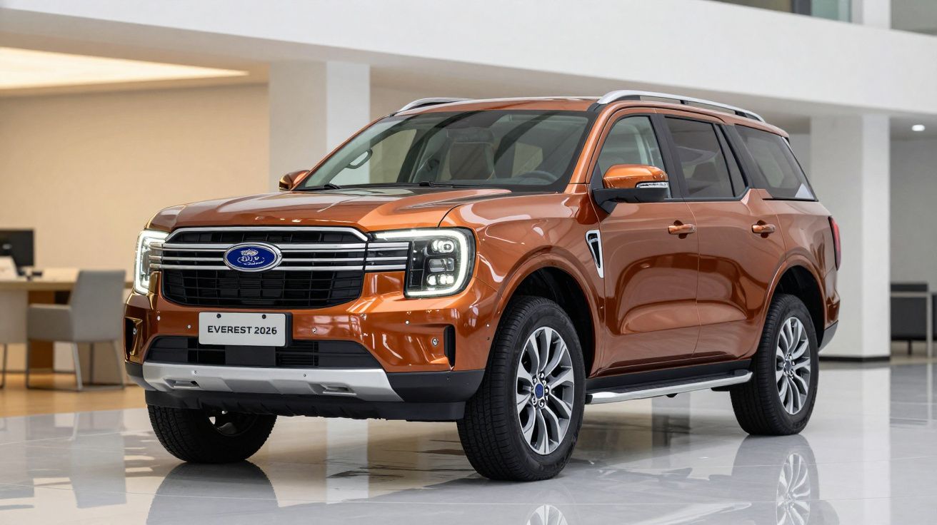 Orange Ford Everest 2026 SUV parked indoors with modern design elements.