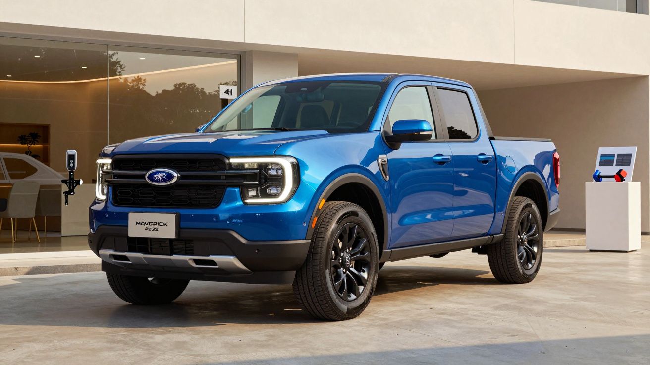 Blue Ford Maverick pickup truck parked in front of a modern building with glass windows.