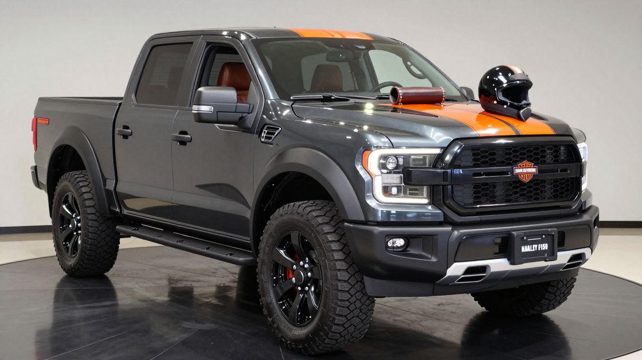 Gray truck with orange stripes, aggressive tires, and a motorcycle helmet on the hood, in a showroom.
