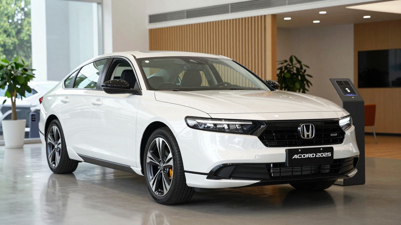 White 2025 Honda Accord parked in a modern showroom with wood accents and large windows.