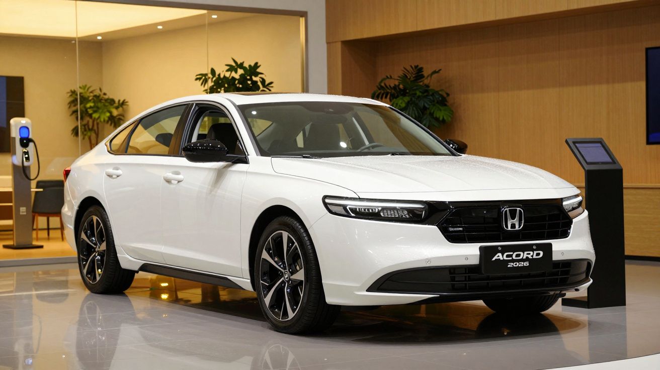 White 2026 Honda Accord displayed indoors with a modern, sleek design and black accents.