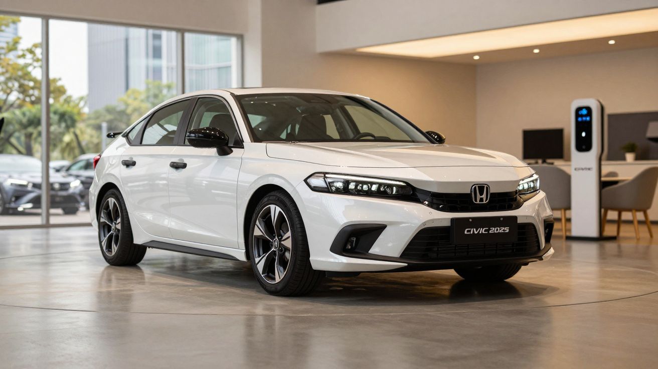 White 2025 Honda Civic parked indoors, modern showroom with charging station in the background.