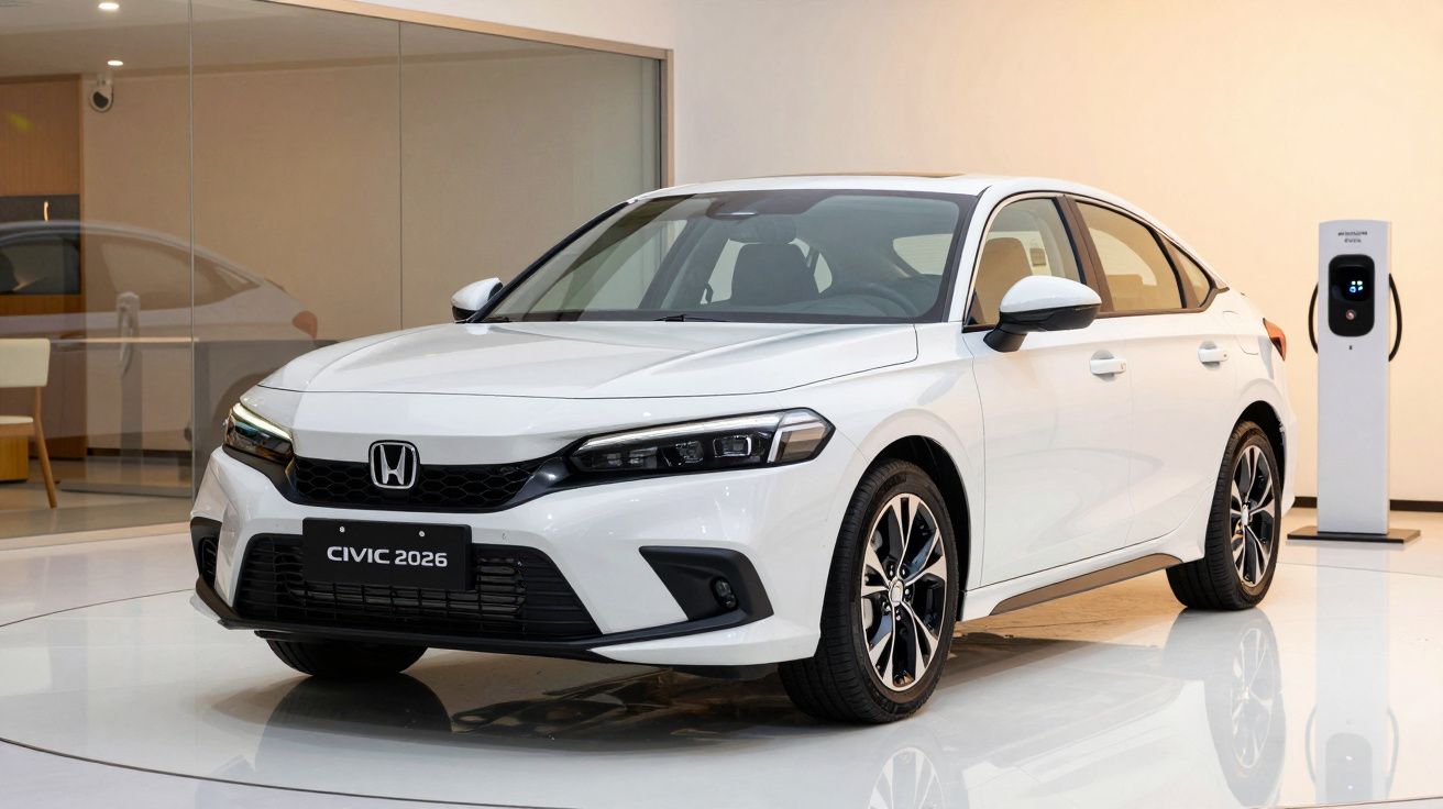 White Honda Civic 2026 model parked indoors near a charging station.