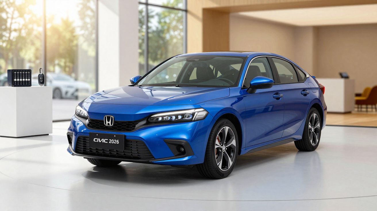 A blue Honda Civic 2026 parked in a bright showroom with sleek, modern design and stylish features.