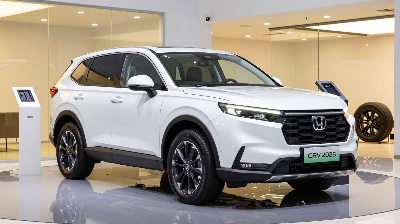 White 2025 Honda CR-V on display in a showroom with bright lighting and informational stands nearby.