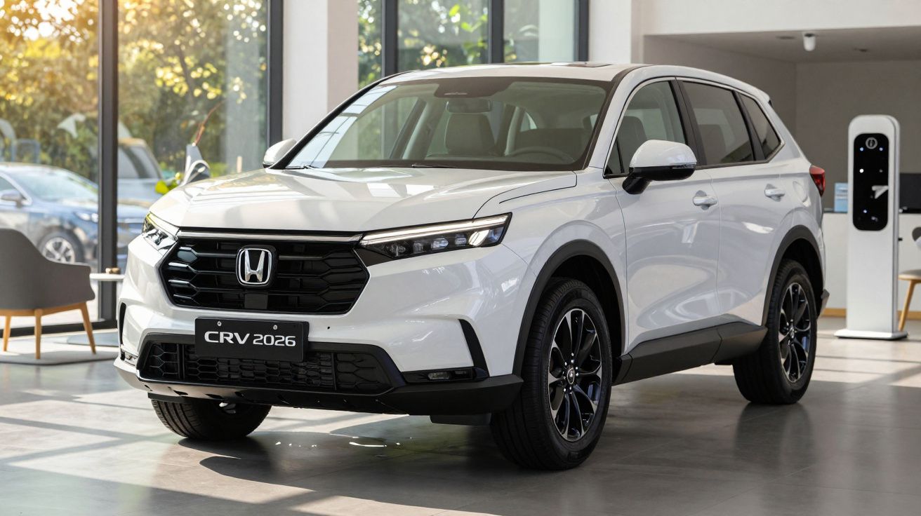 White 2026 Honda CR-V parked indoors, sunlight streaming through large windows.