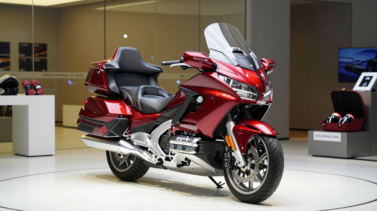 Red touring motorcycle displayed in a showroom with modern design features and comfortable seating.