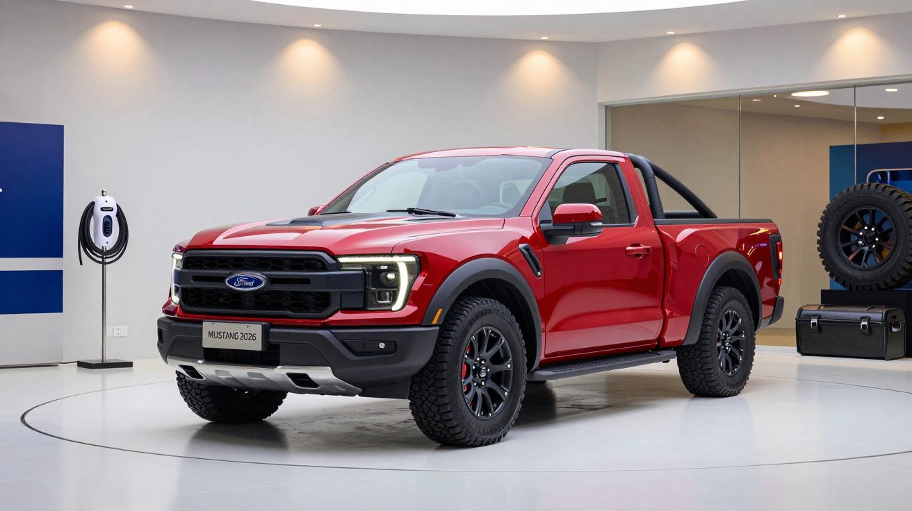 Red Ford pickup truck in a modern showroom with a sleek design and large tires.