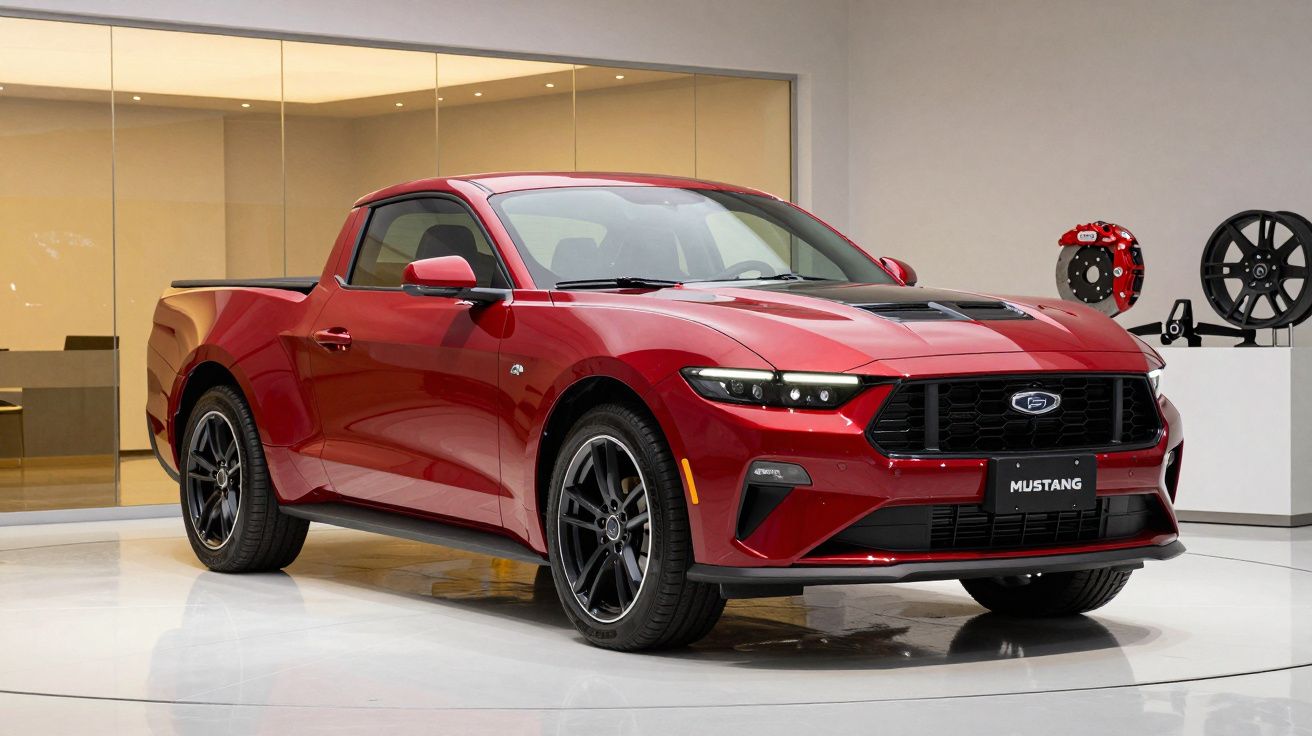Red Ford Mustang truck displayed indoors with modern design and black alloy wheels.