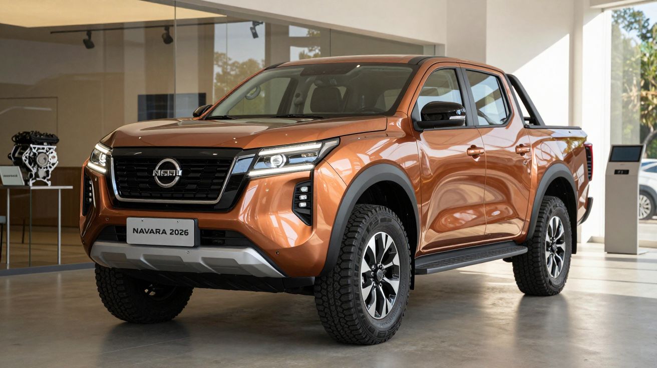 Orange Nissan Navara 2026 pickup truck displayed in a showroom.