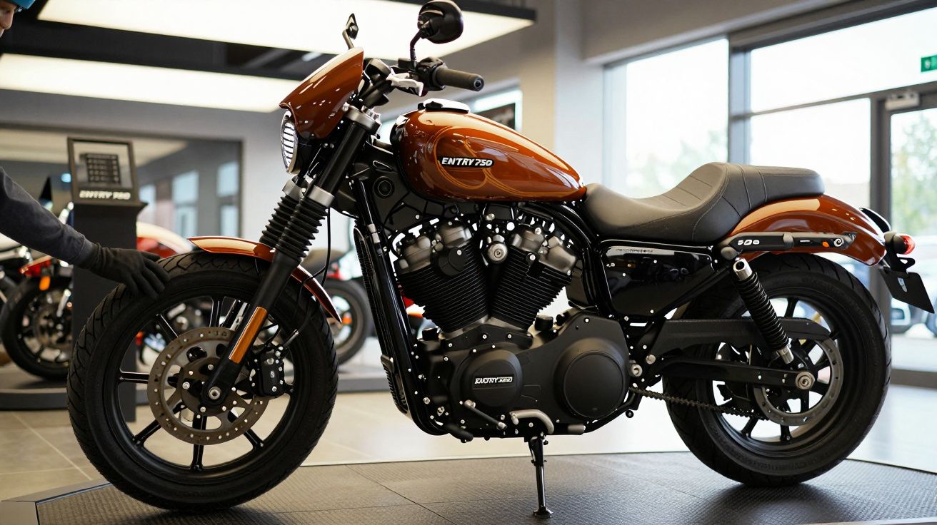 Brown cruiser-style motorcycle displayed in a showroom with modern lighting and glass doors.