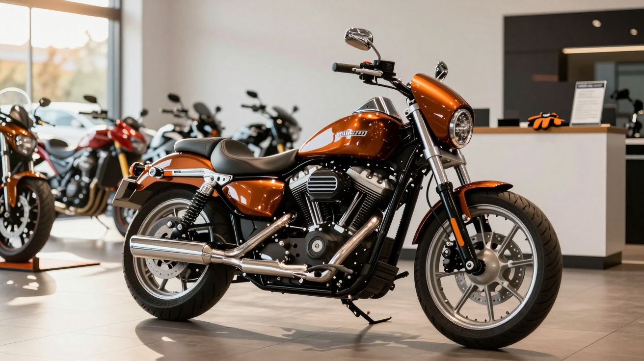 Shiny orange motorcycle on showroom floor with other bikes in the background.