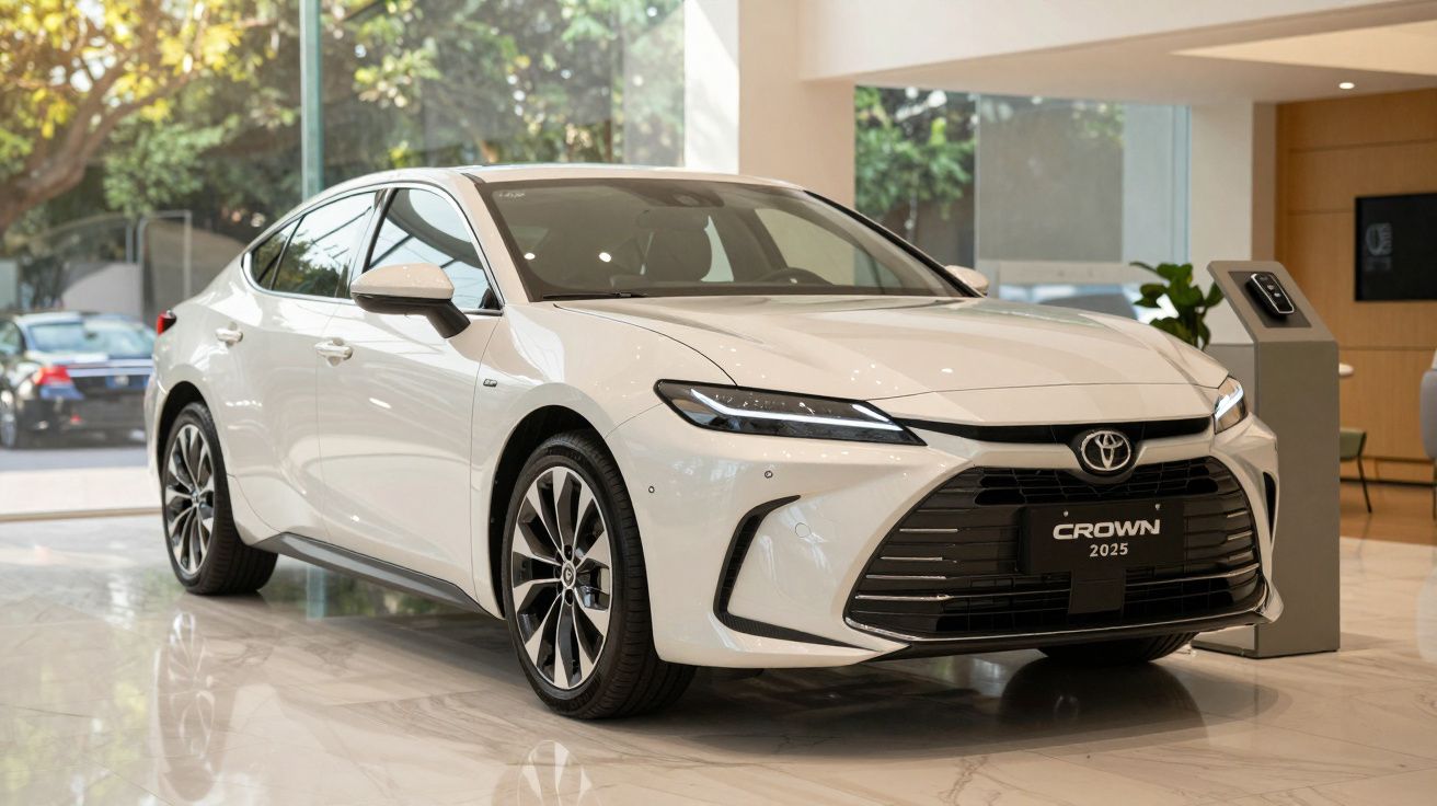 White Toyota Crown 2025 sedan displayed in a bright showroom with trees visible through large windows.
