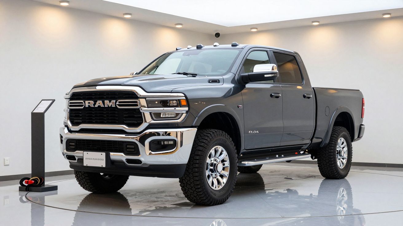 Gray Ram pickup truck displayed indoors with bright lighting and sleek design.