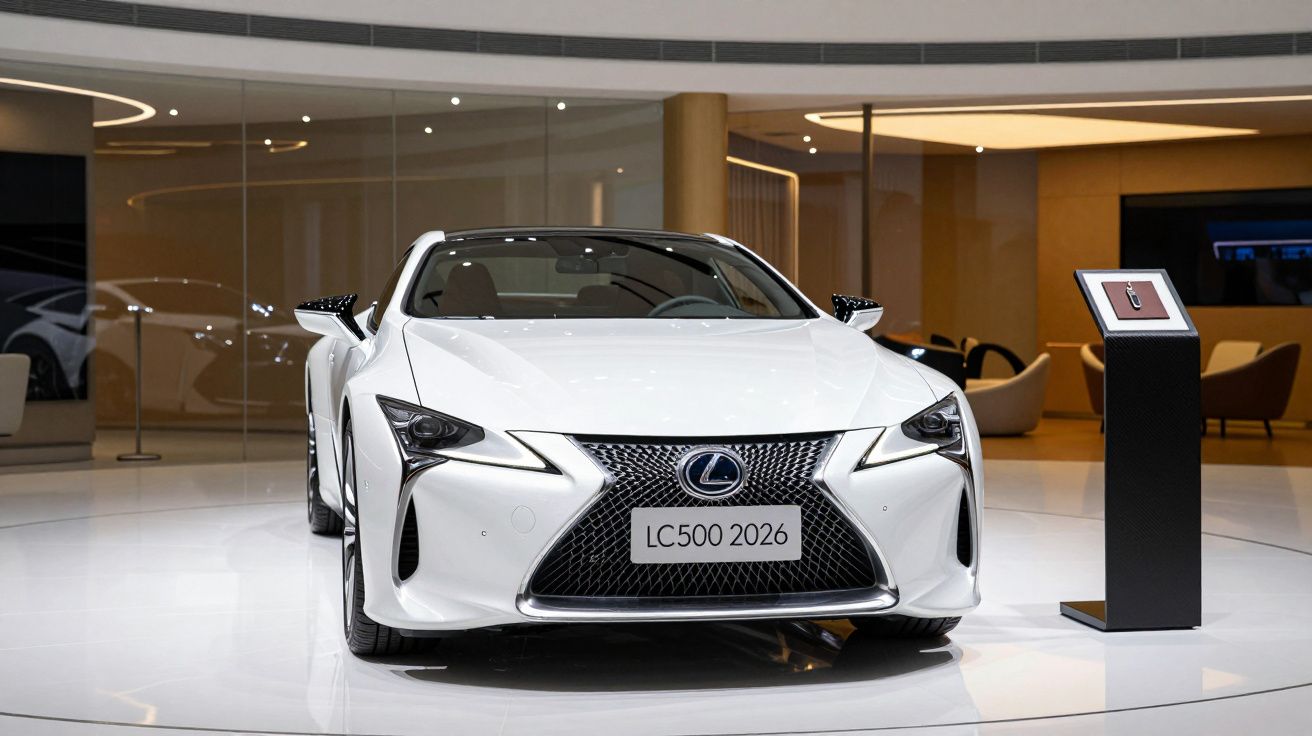White Lexus LC500 2026 in a showroom, front view with sleek design and prominent grille.
