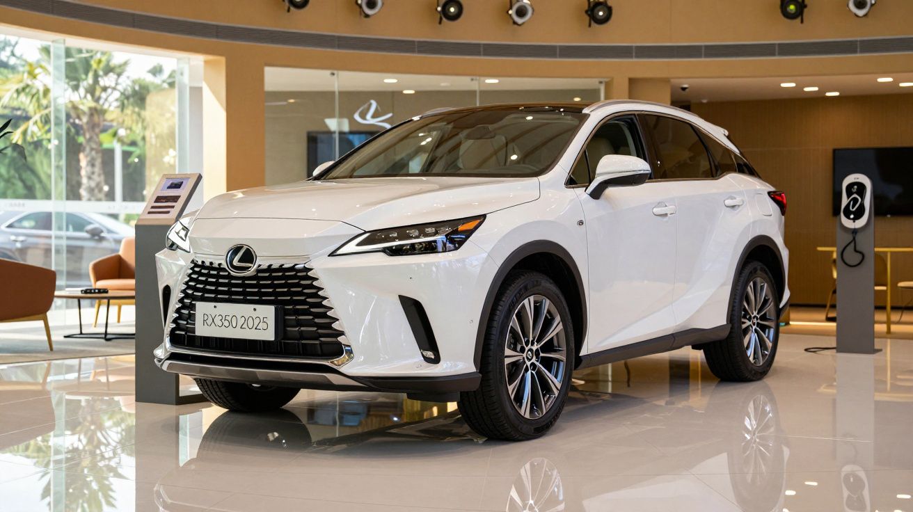 White Lexus RX350 2025 SUV displayed in a modern showroom with a glossy floor and seating area in the background.