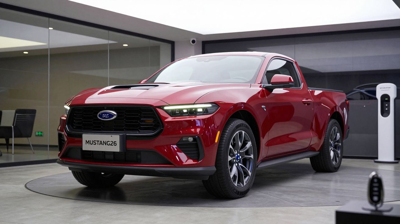 Red Ford Mustang pickup truck displayed in a modern showroom.