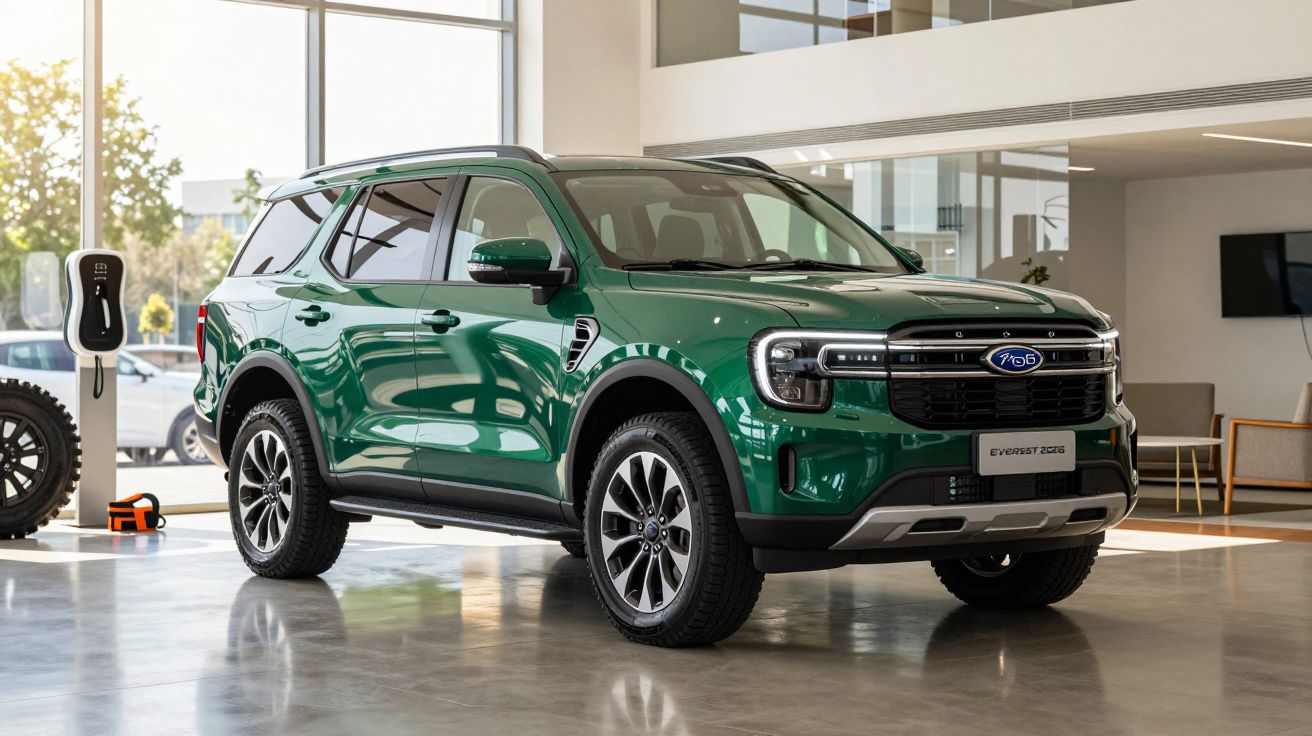 Green SUV displayed in a modern showroom, with large windows and a sleek design.