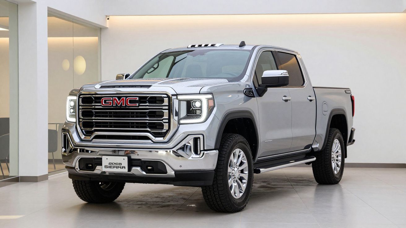 Silver 2023 GMC Sierra pickup truck displayed in a modern showroom environment.