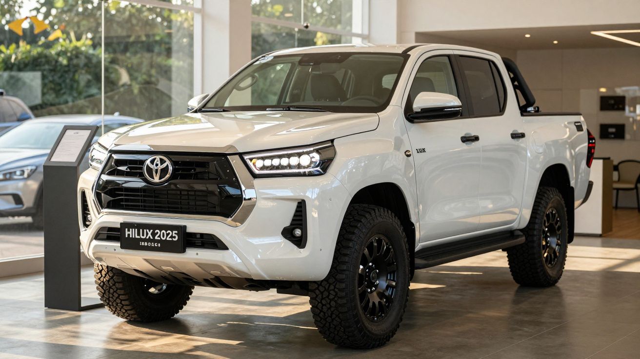 White 2025 Toyota Hilux pickup truck on display in a brightly lit showroom.