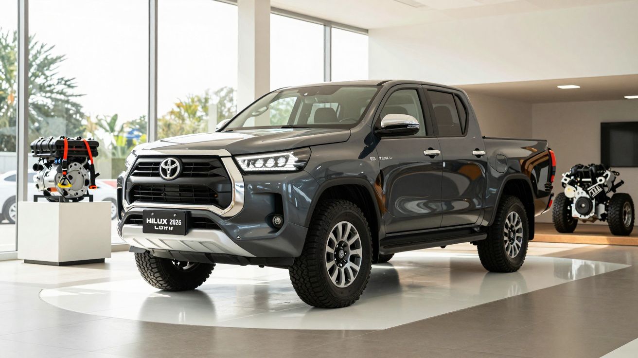 Gray Toyota Hilux 2026 Lutz edition parked in a showroom with engine displays in the background.