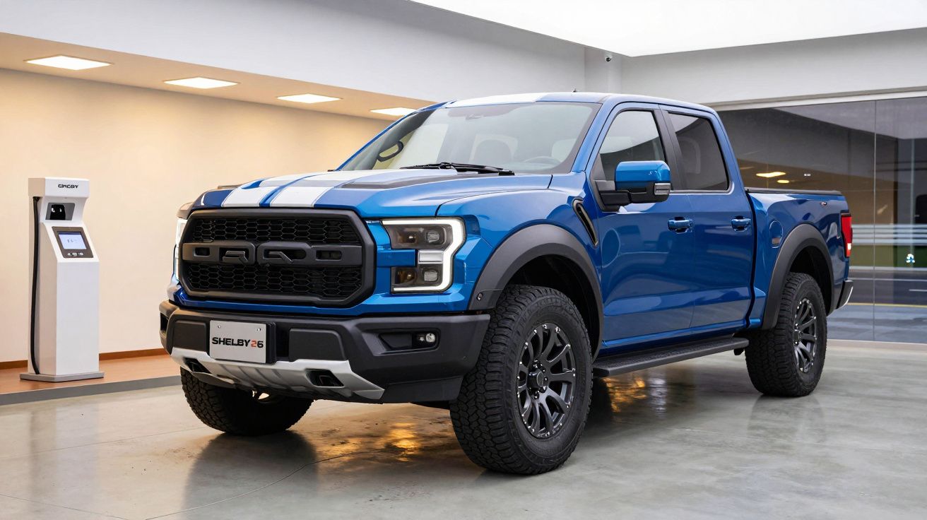 Blue pickup truck with racing stripes, parked indoors on a smooth floor under bright lighting.