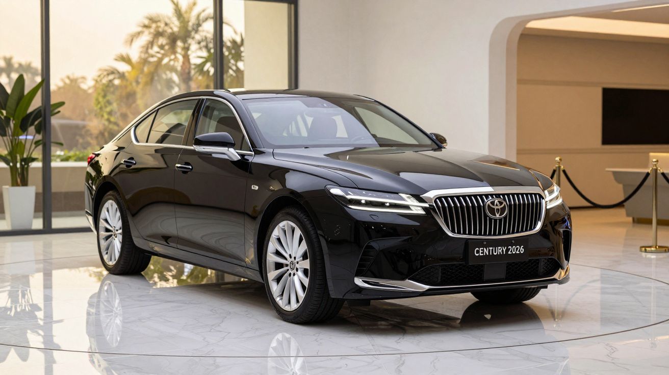 Black luxury sedan parked indoors, with "Century 2026" plate and elegant modern design, surrounded by large windows.