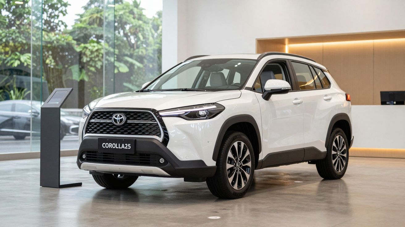 White Toyota Corolla SUV displayed in a modern showroom with large windows and sleek design elements.