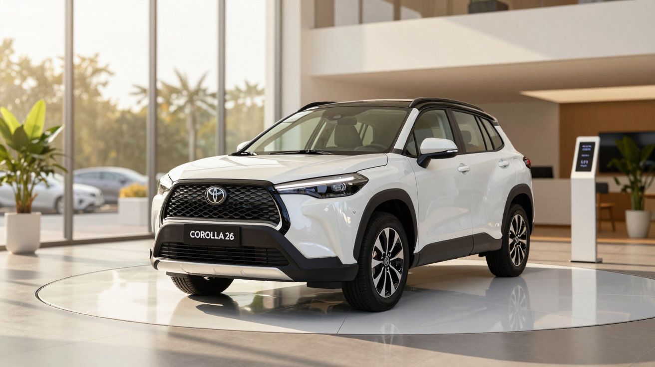 White Toyota Corolla 26 displayed in a modern showroom with large windows and potted plants.