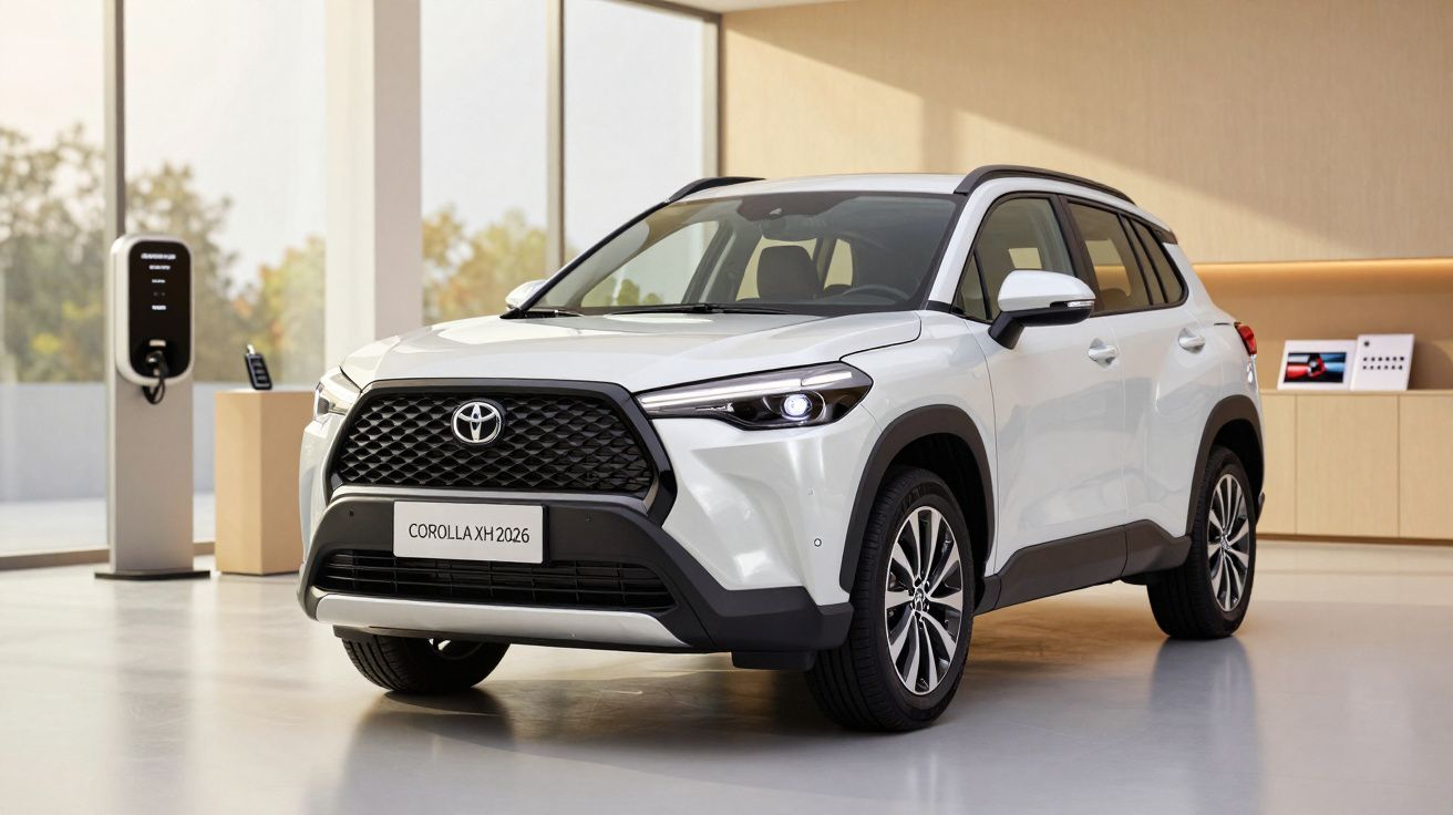 White 2026 Toyota Corolla Cross displayed in a modern showroom with charging station in the background.