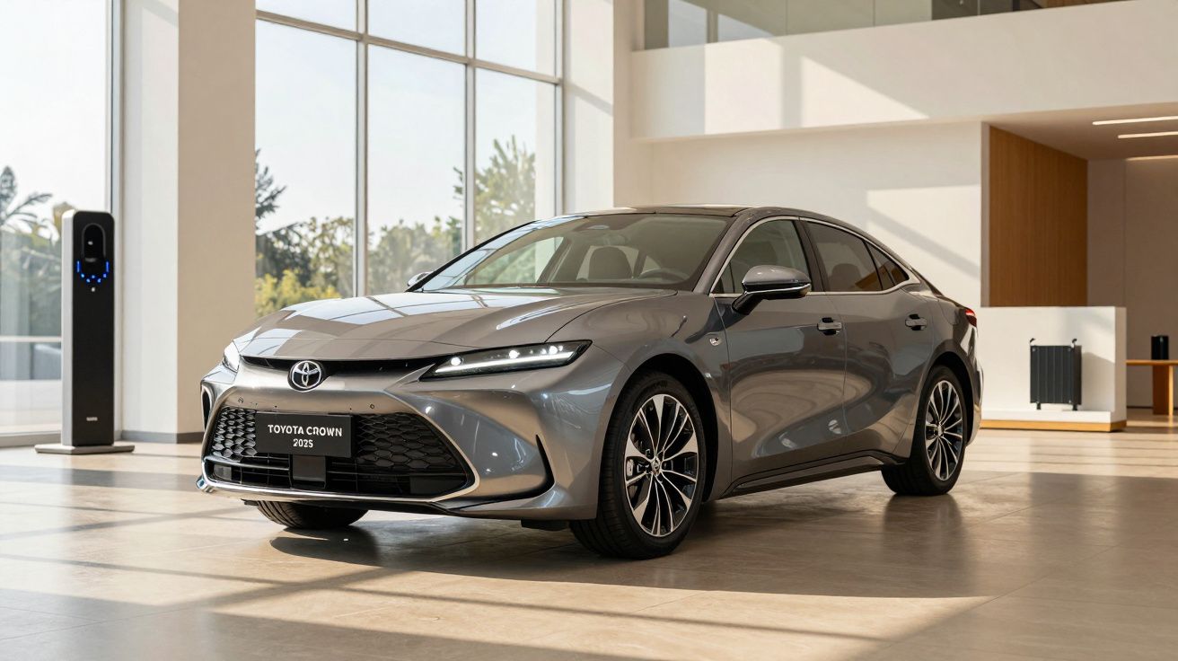 Sleek gray Toyota Crown 2025 parked indoors with large windows and a charging station in the background.