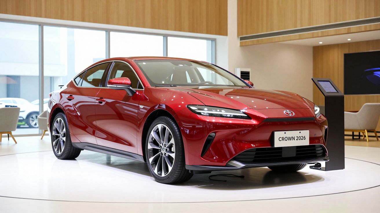 Red Toyota Crown 2026 displayed in a modern showroom with wooden accents and large windows.