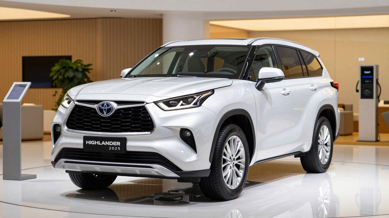 White 2025 Toyota Highlander SUV displayed in a modern showroom.