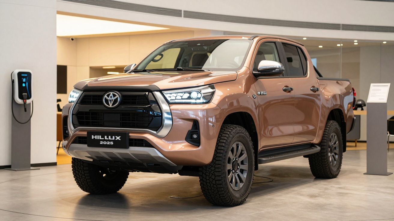 Copper-colored 2025 Toyota Hilux pickup truck displayed in a modern showroom.