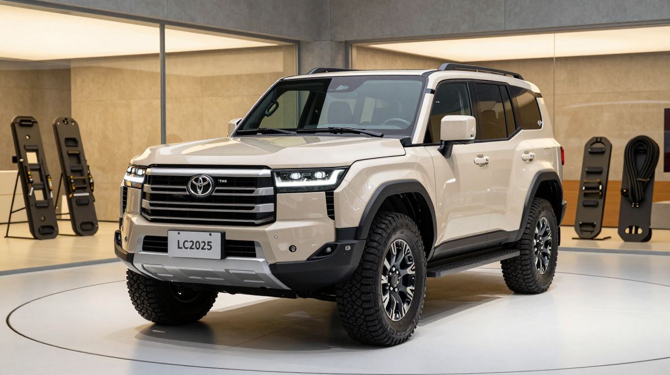 Beige SUV with rugged design on display in a showroom setting.