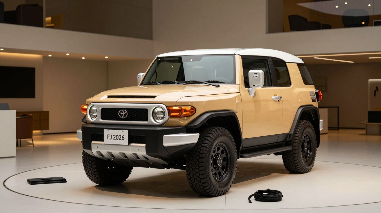Tan and white SUV displayed in a modern indoor showroom with soft lighting.