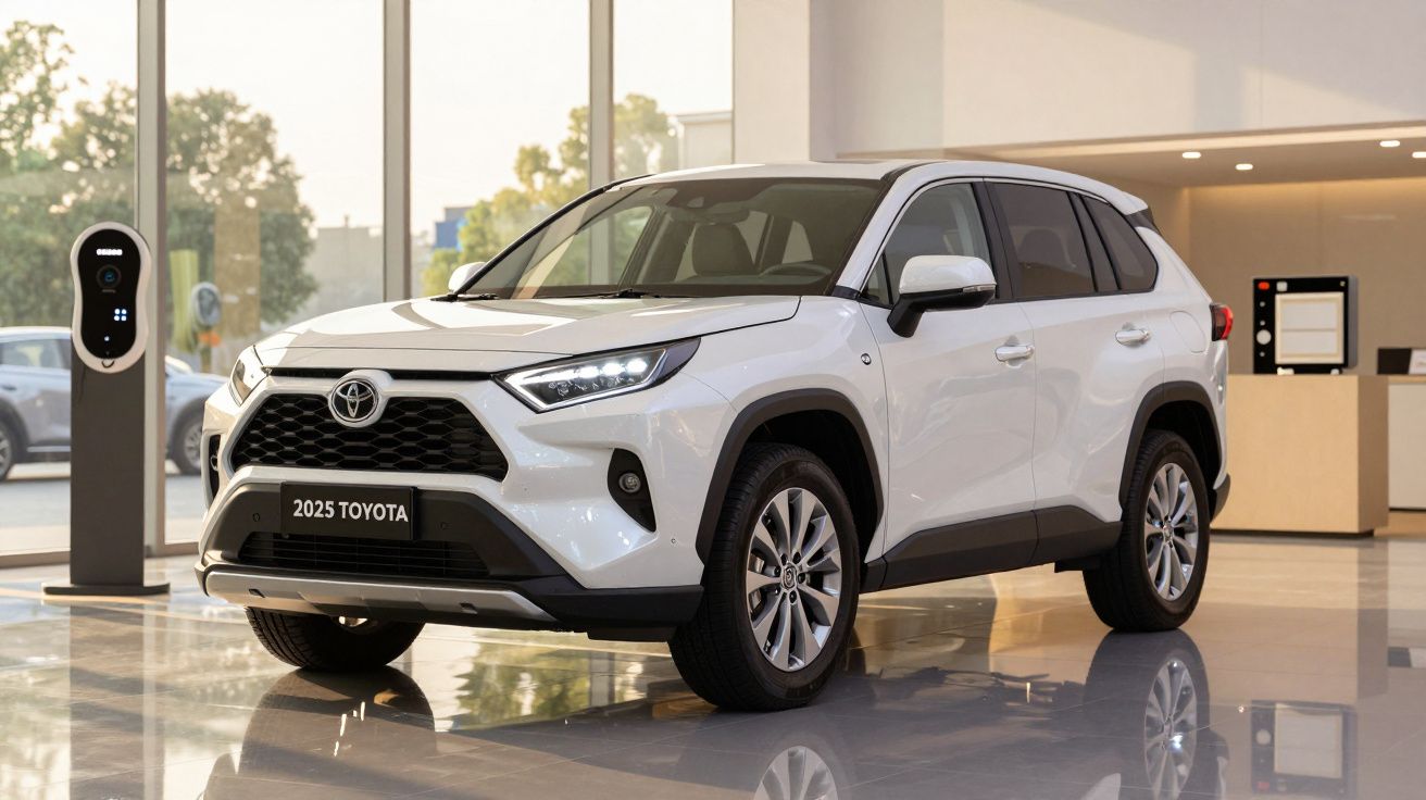 White 2025 Toyota SUV displayed in a showroom, parked near an EV charging station.