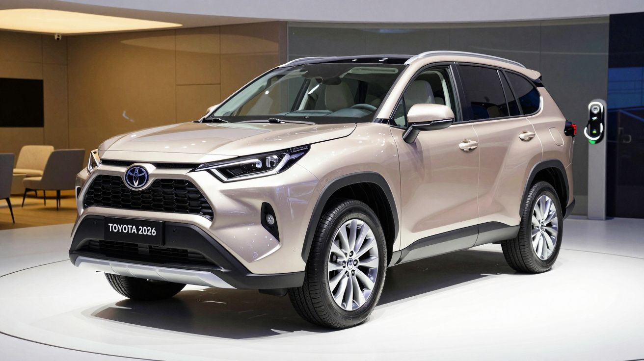 Beige 2026 Toyota SUV displayed in a showroom, featuring a modern design and parked under bright lighting.