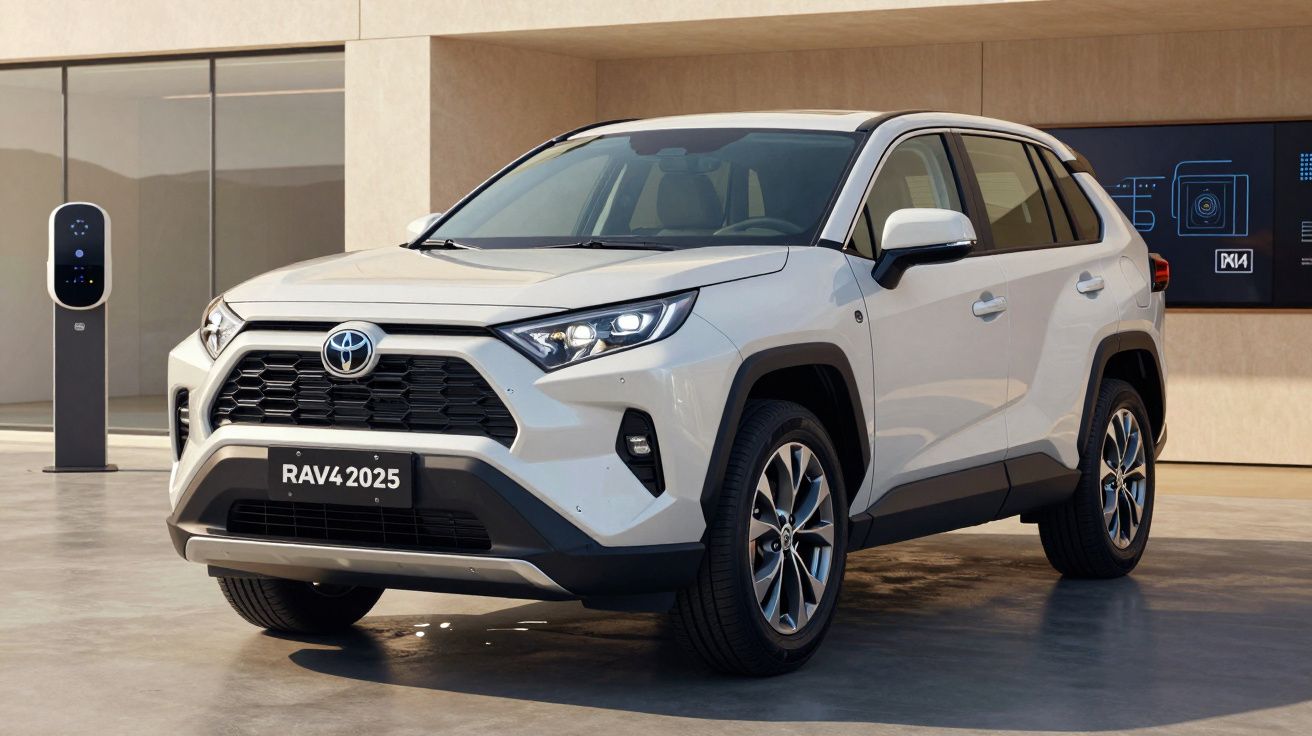White 2025 Toyota RAV4 parked in a modern setting with electric charging station in the background.