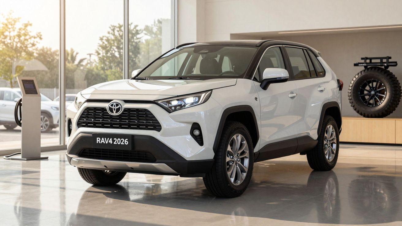 2026 white Toyota RAV4 displayed in a modern showroom with large windows and a single spare tire on display.