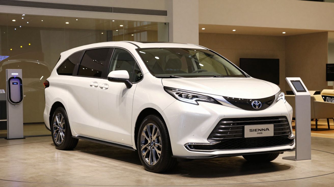 White Toyota Sienna van in a showroom, parked next to a charging station, viewed from the front passenger side.